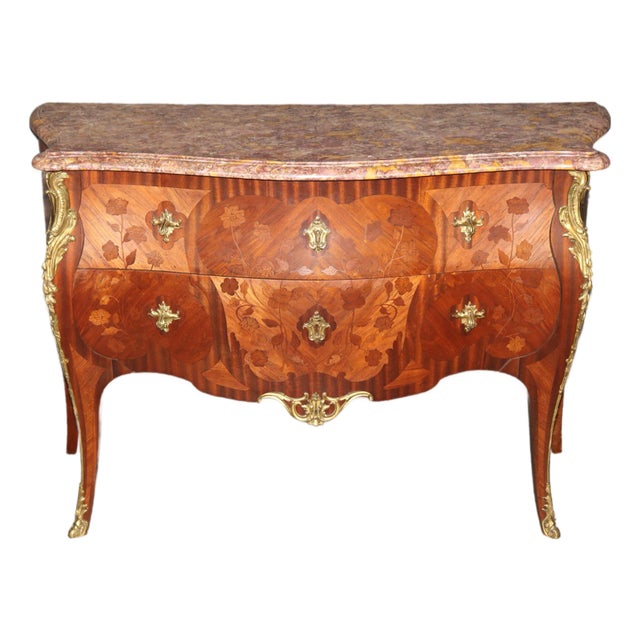 Antique French Louis XV Style Bronze Ormolu Mounted Marble Top Commode For Sale