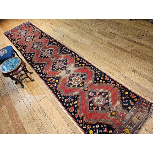 Antique Caucasian Karabagh Runner, Hand-Knotted Wool, Red & Navy, 4' x 17' For Sale - Image 4 of 13