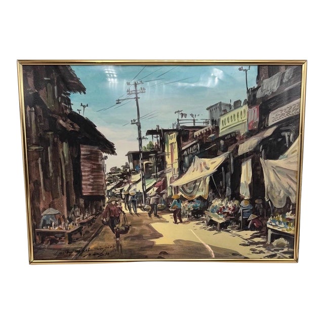 Vintage Watercolor Painting Hanoi Street Scene Vietnam Signed Dated 1994 Framed For Sale