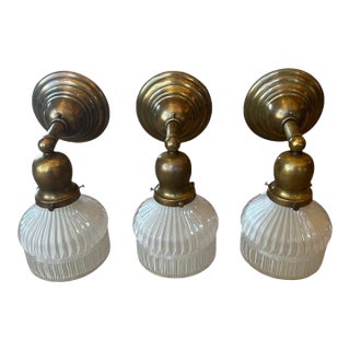 Rare Set of Three Ribbed Halophane and Brass Wall Sconces Stamped 1903 For Sale