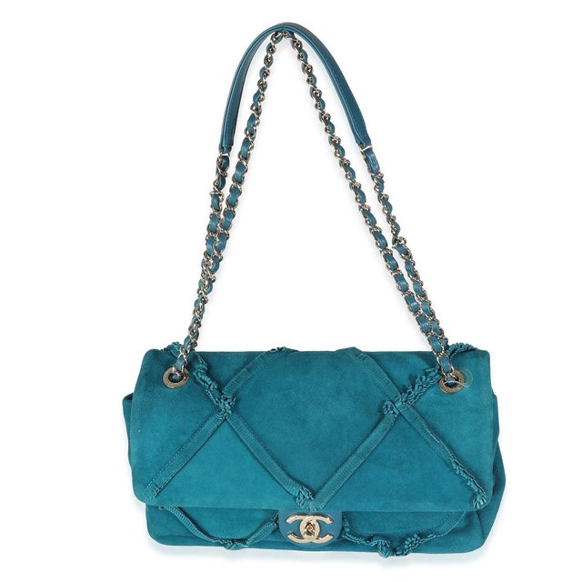 Blue Teal Suede Goatskin Diamond Fringe Medium Flap Bag For Sale - Image 8 of 8
