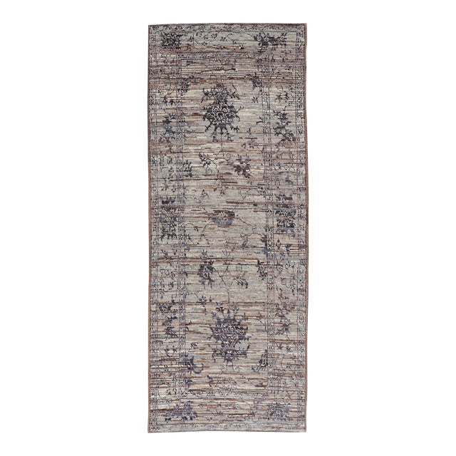 Modern Hand-Knotted Oushak Designed Runner in Wool With Sub-Geometric Design 3'1 X 8'4 For Sale