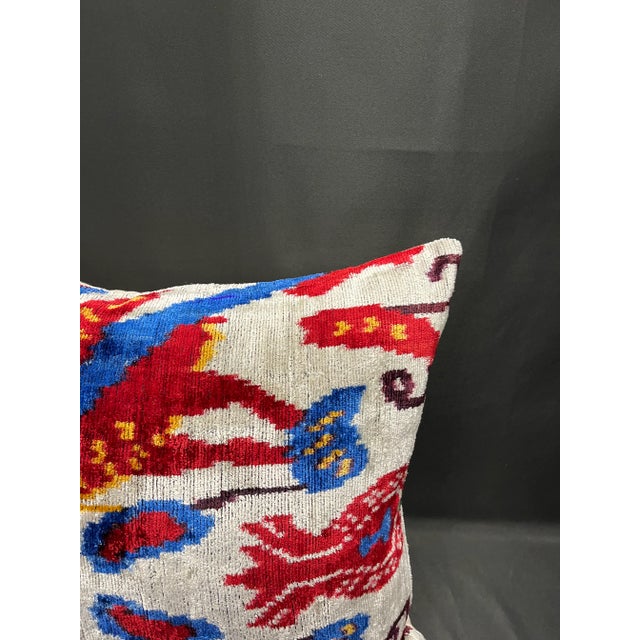 Modern Turkish Modern Red Multicolor Velvet Silk Ikat Pillow Cover For Sale - Image 3 of 5