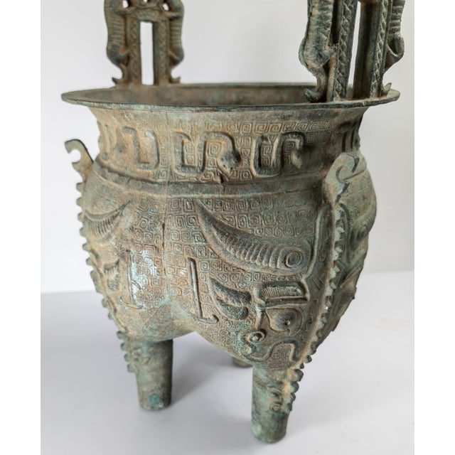 20th Century Chinese Verdigris Brass Ding Ritual Bronze Form Vessel For Sale - Image 11 of 18