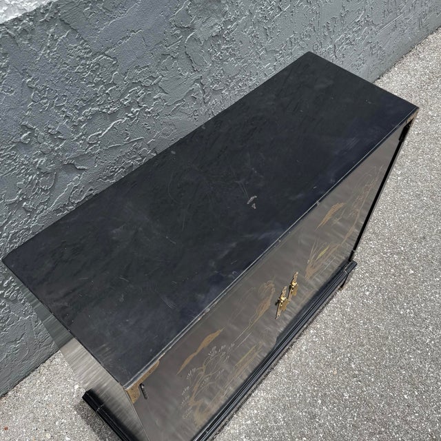 Chinese Vintage Chine Black Hand Painted Sideboard With Brass Accents For Sale - Image 3 of 8