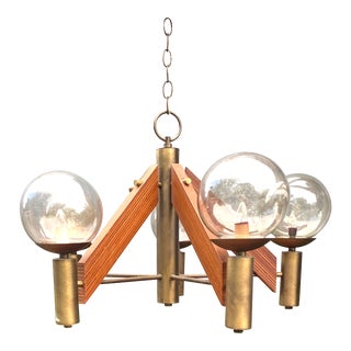 Vintage Danish Modern Teak and Brass 5 Globe Chandelier For Sale