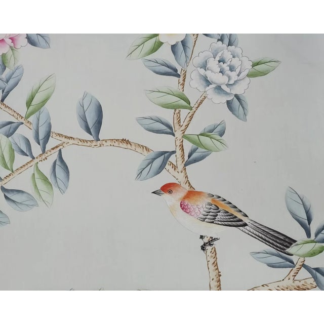 Celadon Hand Painted Chinoiserie Wallpaper Mural With Floral Branches, Birds and Botanical Garden Scene For Sale - Image 8 of 11