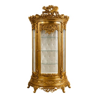 Large French Baroque Style Gold Leaf Display Cabinet – Ornate Glass Vitrine With Tufted Velvet Interior For Sale