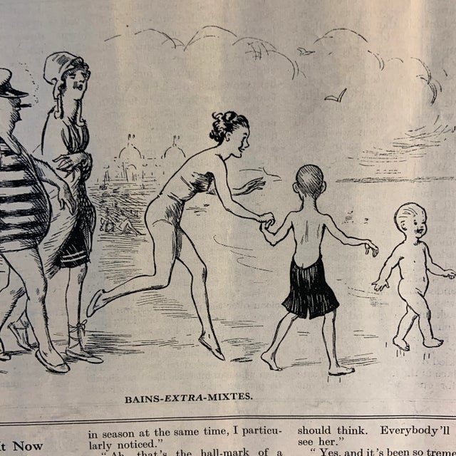 1936 Punch English magazine cartoon by Lewis Baumer. Swimsuit styles over the years. Ready for matting and framing.