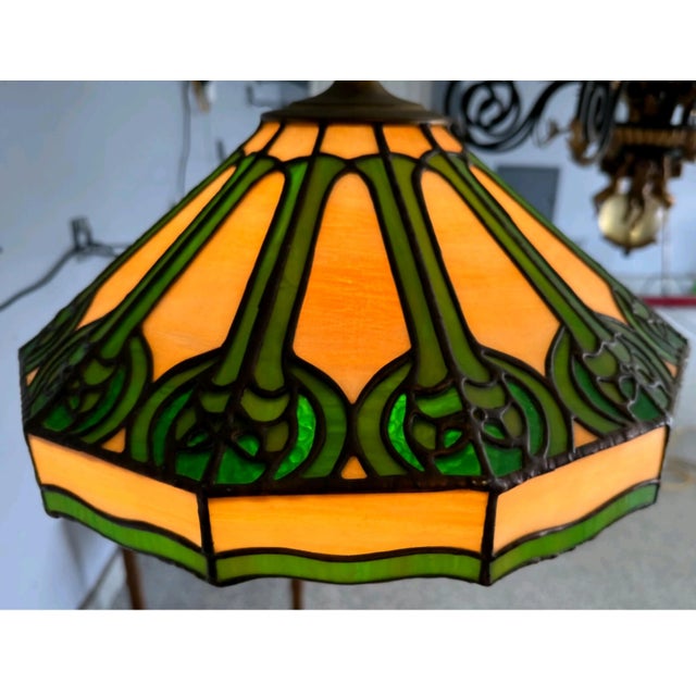 Beige Antique Arts & Crafts j.a. Whaley & Co. Rare Mixed Slag & Stained Glass 12-Sided Swag Pendant Chandelier Lamp For Sale - Image 8 of 12