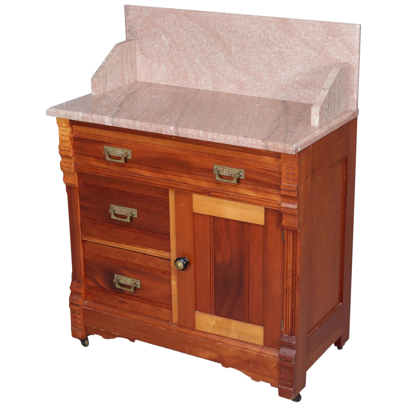 Antique Victorian MarbleTop and TwoToned Walnut Wash Stand, Circa