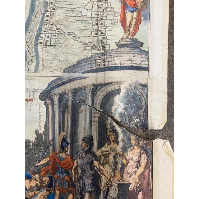 Very large 1729 hand colored engraving map with several cartouches and figures from volume two of "Histoire Militaire du...