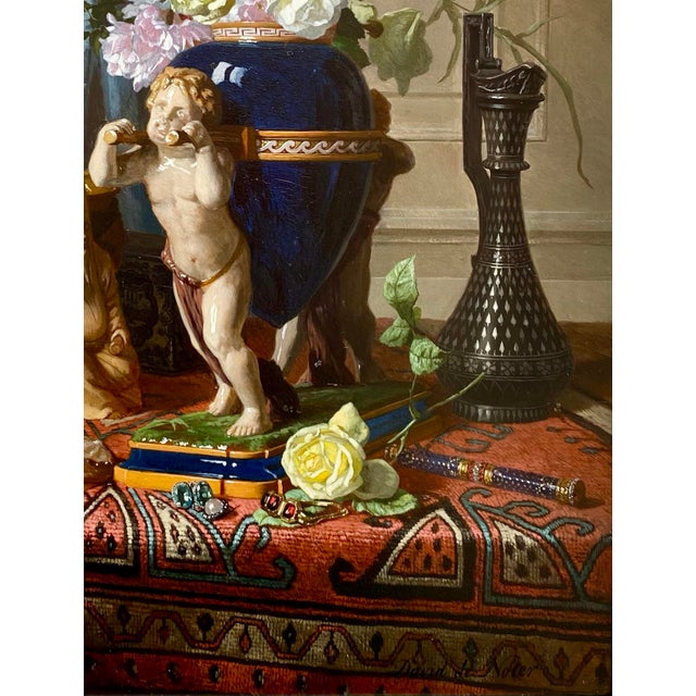 Mid 19th Century David De Noter, Still Life with a Lapis Lazuli Coloured Flower Vase on a Table, 1850, Oil on Panel For Sale - Image 5 of 11