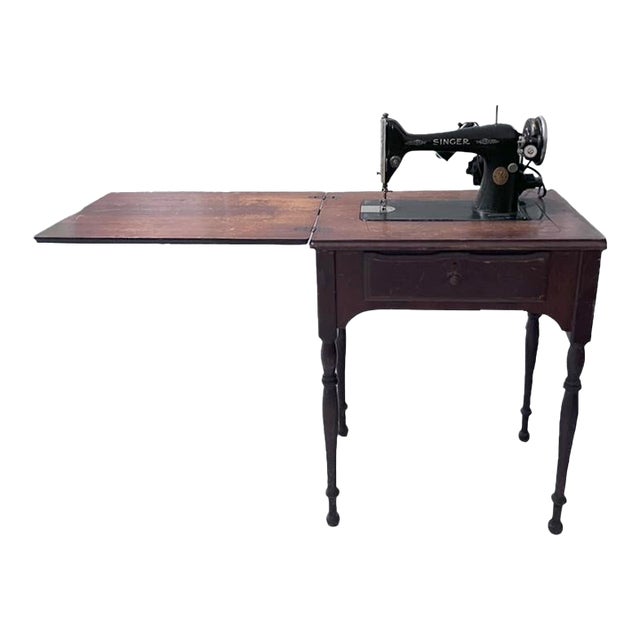 Vintage 1930s Singer Electric Sewing Machine in Original Wooden Cabinet With Extension Leaf For Sale