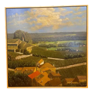 Framed Oil Painting on Linen "Red Tile Roof, St. Emilion, Bordeaux" by Mark Sylva