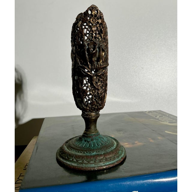 Vintage Art Nouveau Openwork Bronze-Finished Metal Pillar Candleholder W Organic Floral Relief For Sale - Image 4 of 11