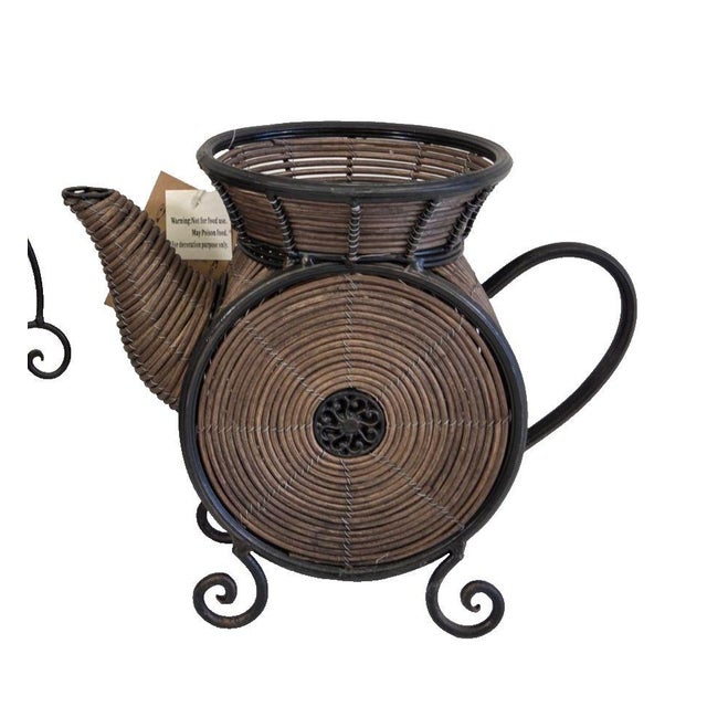 Mid-Century Modern Vintage World Market Handmade Wicker & Metal Teapot Basket NWT 2000-2015 Era For Sale - Image 3 of 6