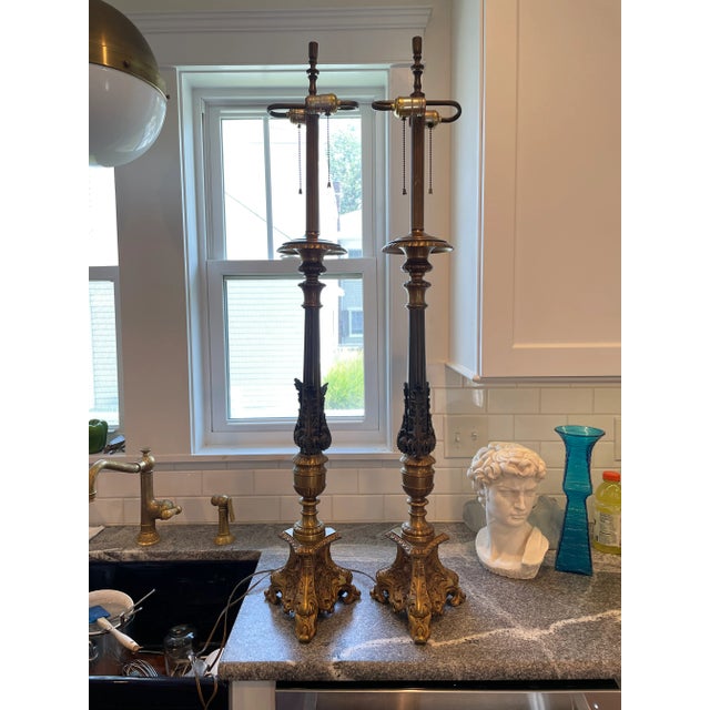 Gold Vintage Mid 20th Century Baroque Mixed Metal Stick Lamps - a Pair For Sale - Image 8 of 8