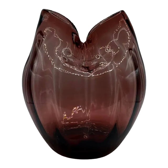 Vintage 1960s Amethyst Purple Pinched Hand Blown Vase. For Sale