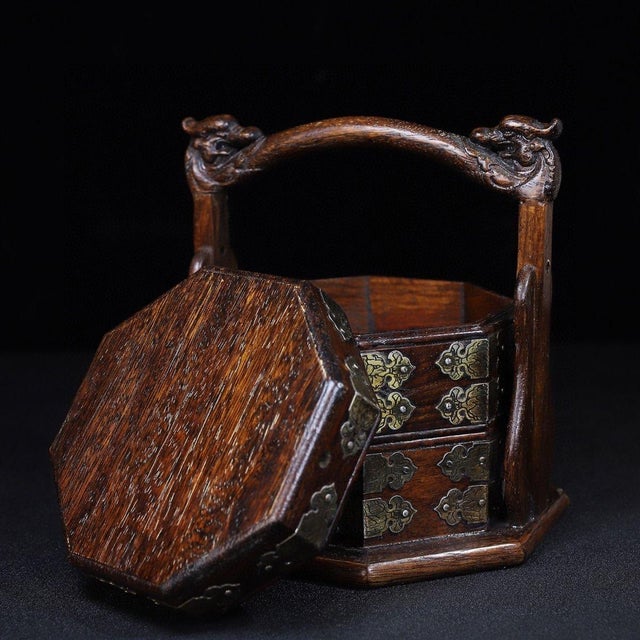 Brown Chinese Rosewood Octagonal Multi-Tier Carry Box For Sale - Image 8 of 10