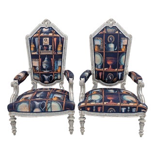 Set of Italian Neoclassical Armchairs with Fornasetti Linen Fabric, 1950s For Sale