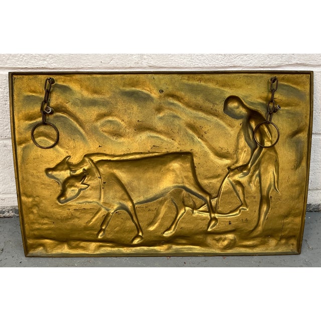 Mid-Century Modern Vintage Bronze-Tone Relief Plaque of Farmer With Ox For Sale - Image 3 of 5