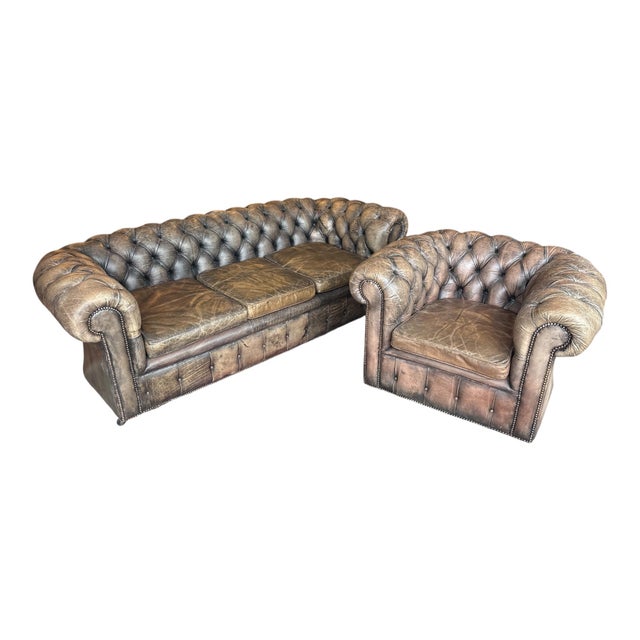 Chesterfield 3-Seater Sofa and Club Chair in Leather, Set of 2 For Sale - Image 11 of 11