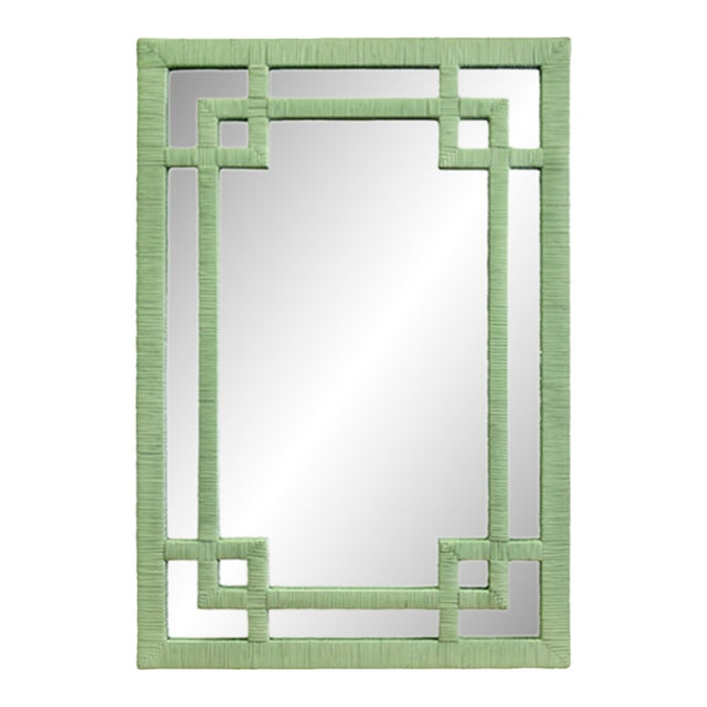 Matthew Izzo Home Geneva Sage Green Rattan Greek Key Design Wall Mirror For Sale