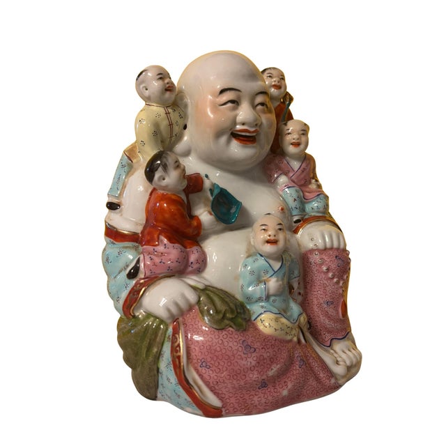 Vintage Chinese Famille Rose "Five Children" Laughing Buddha For Sale - Image 9 of 12