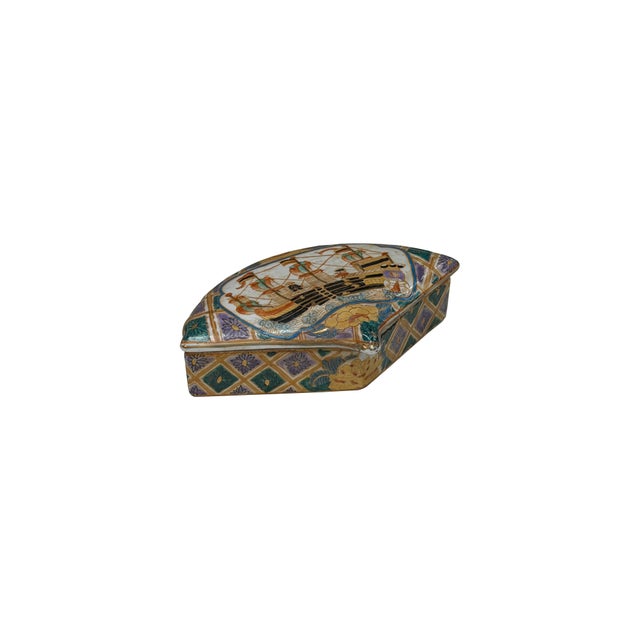Teal Vintage Western Sailing Ship Graphic Fan Shape Porcelain Trinket Box For Sale - Image 8 of 9