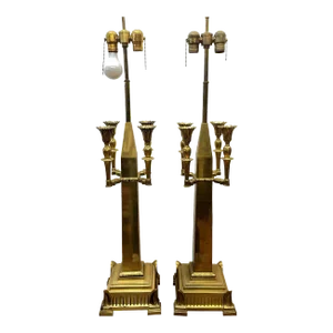 Pair of Brass Cathedral – Style Lamps With Four Candlestick Holders Each