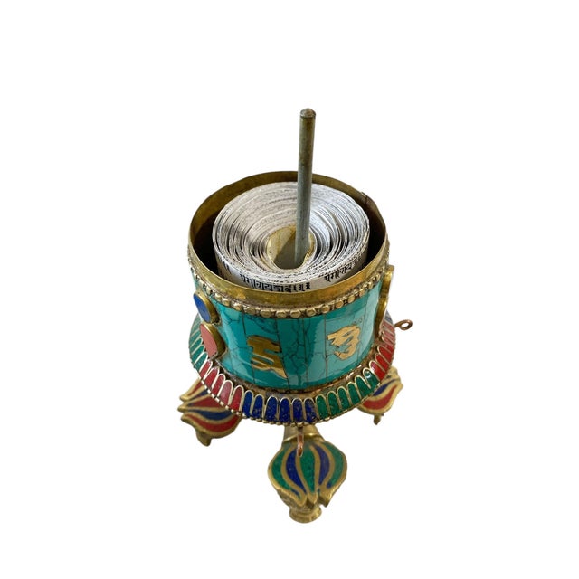 Turquoise Nepalese Brass W/ Turquoise/Coral/Lapis Stones Table Top Prayer Wheel For Sale - Image 8 of 9