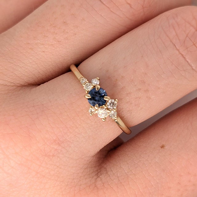 Cute Sapphire Ring W Earth Mined Diamonds in Solid 14k Yellow Gold | Round 4mm, Size 6.75 For Sale - Image 10 of 11