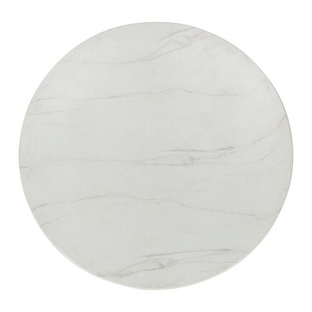 Faux white marble fiber concrete top round dining table with fluted black finish pedestal base. Suitable for outdoor use....