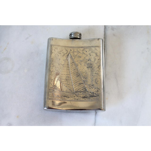 Vintage English Pewter Nautical Ship Hip Flask For Sale In Milwaukee - Image 6 of 8