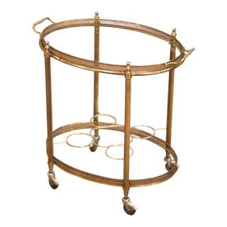 Mid-Century French Brass Oval Bar Cart With Bottle Holder and Glass Shelf For Sale