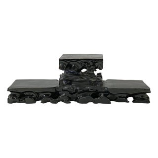 Small Miniature Three Tier Brown Carved Rock Base Look Wood Stand For Sale