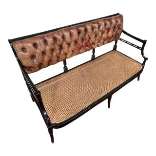 Antique Caned Bench With Tufted Leather Back For Sale