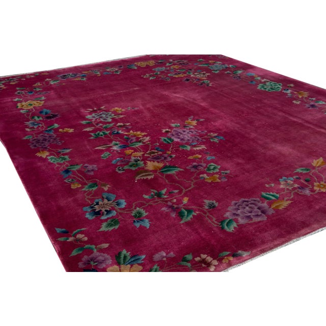 Textile Pink Antique Art Deco Chinese Handmade Floral Wool Rug For Sale - Image 7 of 9