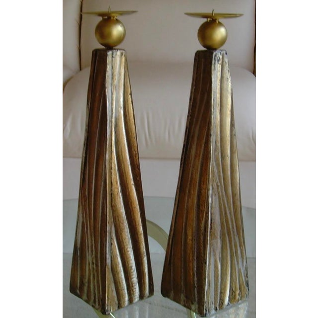 Contemporary Tall Faux Wood Metallic Candle Holders - Set of 3 For Sale - Image 3 of 13