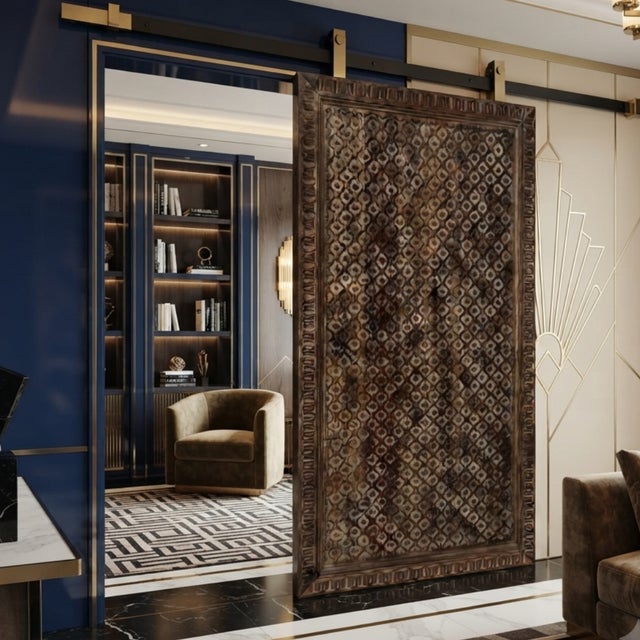 Vintage Hand-Carved Wooden Trellis Panel – Indian Carved Door Repurposed as Headboard 70x36 For Sale In Orlando - Image 6 of 6