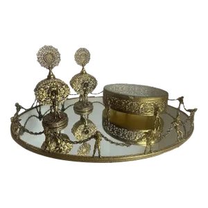 Vintage Ormolu Vanity Tray Jewelry Box Perfume Bottles Ornate Filigree Gold Cherubs - Set of 4