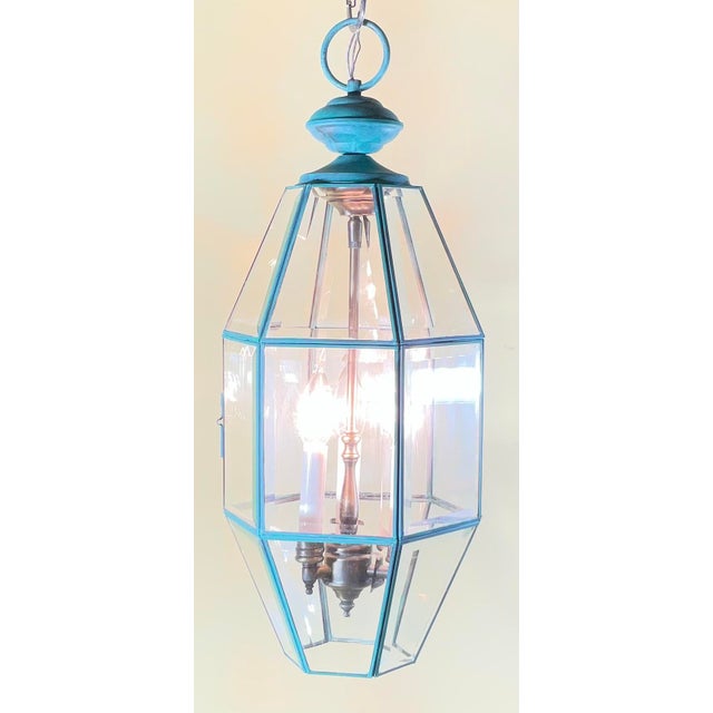 Contemporary Vintage Hexagonal Solid Brass Hanging Lantern / Foyer Pendant Light 24”h X 10” W For Sale - Image 3 of 18