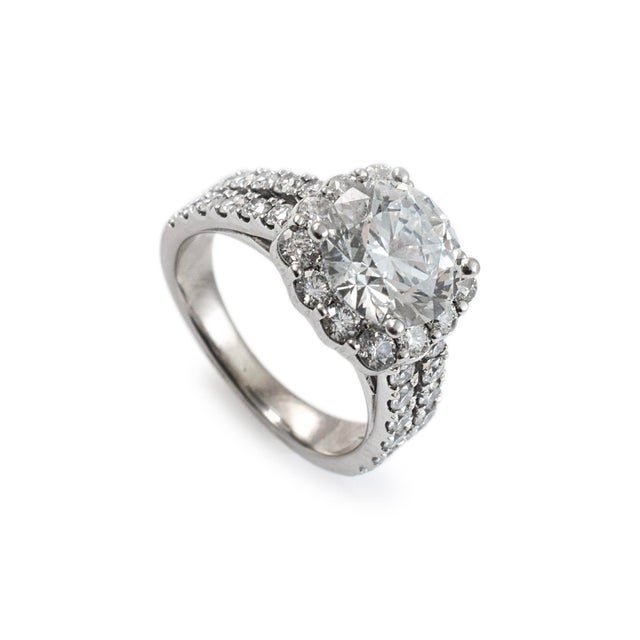 Modern Ladies 14k White Gold Halo Accented Lab Grown Diamond Engagement Ring, Size 5.5 For Sale - Image 3 of 8