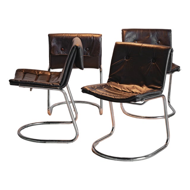 Vintage Cantilever Chairs with Tubular Chromed Steel Frame, 1970, Set of 4 For Sale