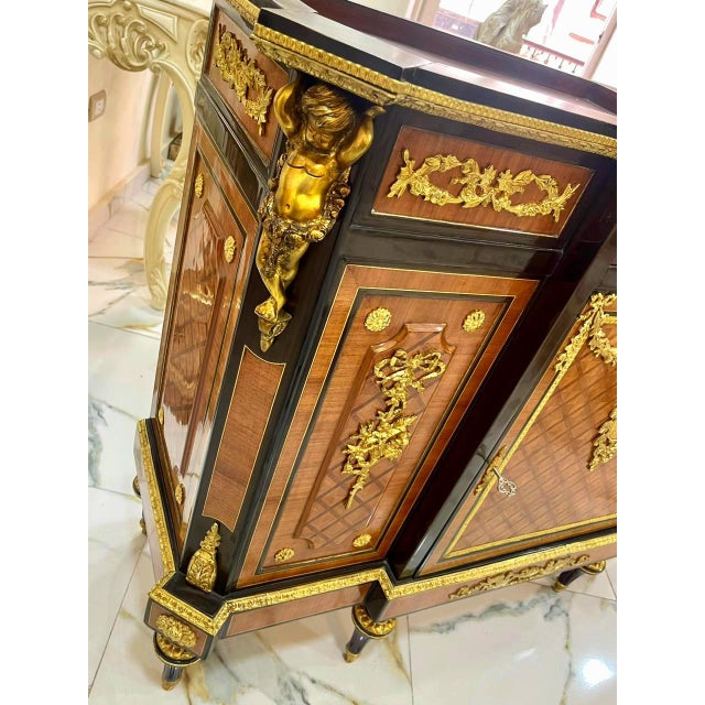 French-Style Louis XVI Sideboard – Rich Wood, Gold Leaf & Ornate Bronze Details For Sale - Image 4 of 5