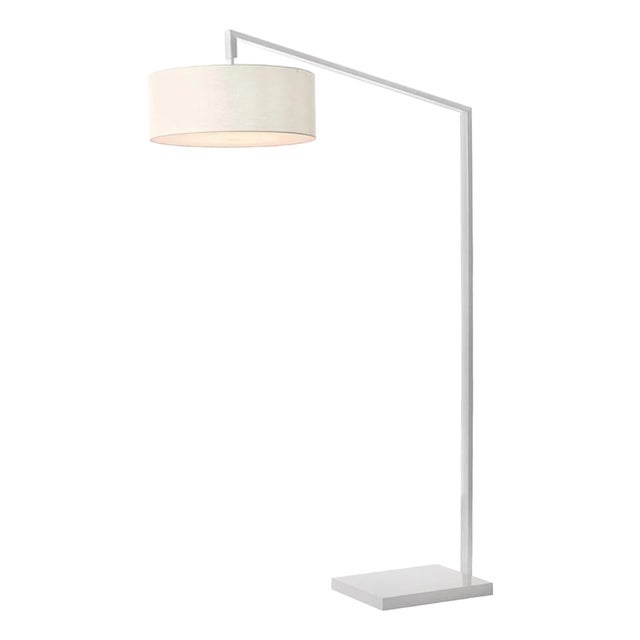 Stretch 75"h 1-Light Chairside Arc Lamp, Linen Drum Shade & White Body, Dimmable, for Living Room or Bedroom For Sale