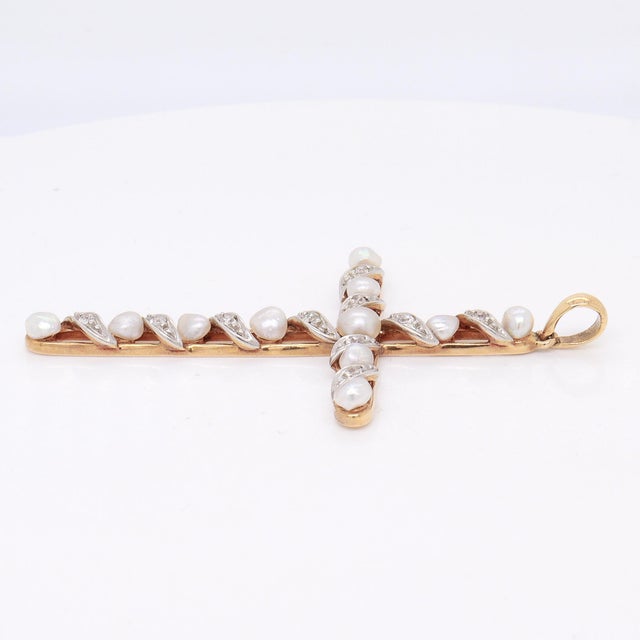 Antique Edwardian 14k Gold, Diamond, & Baroque Pearl Cross Necklace Pendant For Sale - Image 11 of 12
