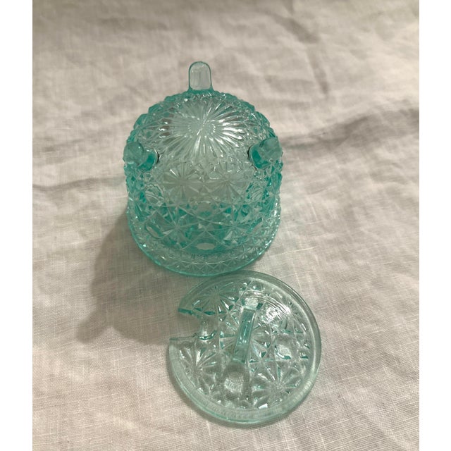 1950s Vintage Light Teal Daisy Dot Depression Glass Sugar Dish For Sale - Image 5 of 5