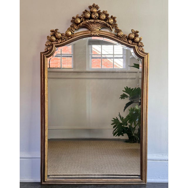 Gold Giltwood Style Beveled Glass Mirror With Pomegranate Fruit Basket Top For Sale - Image 9 of 9